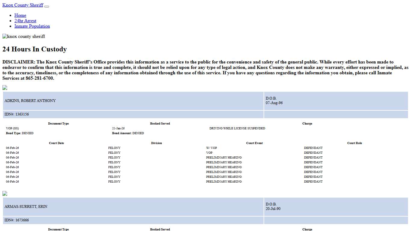 Knox County Tennessee - Sheriff - 24 Hour Arrests
